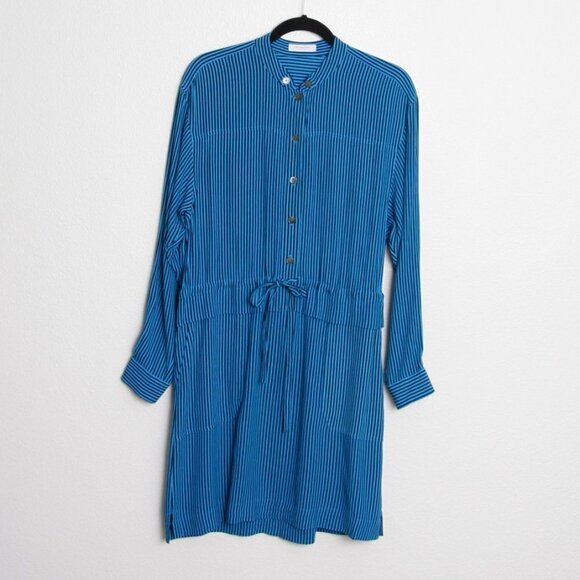 Equipment Lizza Striped Dress Drawstring Waist Long Sleeve Blue Black 4 - Picture 3 of 10